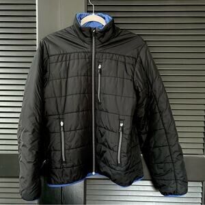 Lands’ End Men’s Black and Blue Zip-Up Puffer Jacket, Size Small 34-36